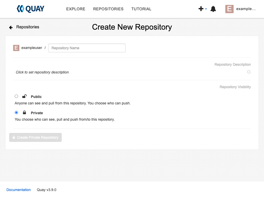 The Project Quay create repositories screen The Project Quay create repositories screen