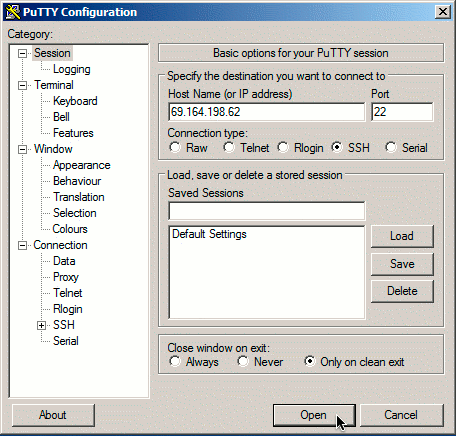 PuTTY on Windows 7 session dialog PuTTY on Windows 7 session dialog