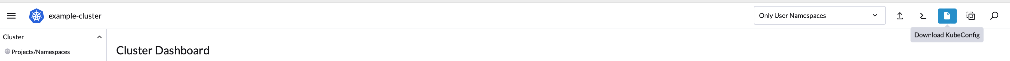 Rancher cluster dashboard - kubeconfig button highlighted Rancher cluster dashboard - kubeconfig button highlighted
