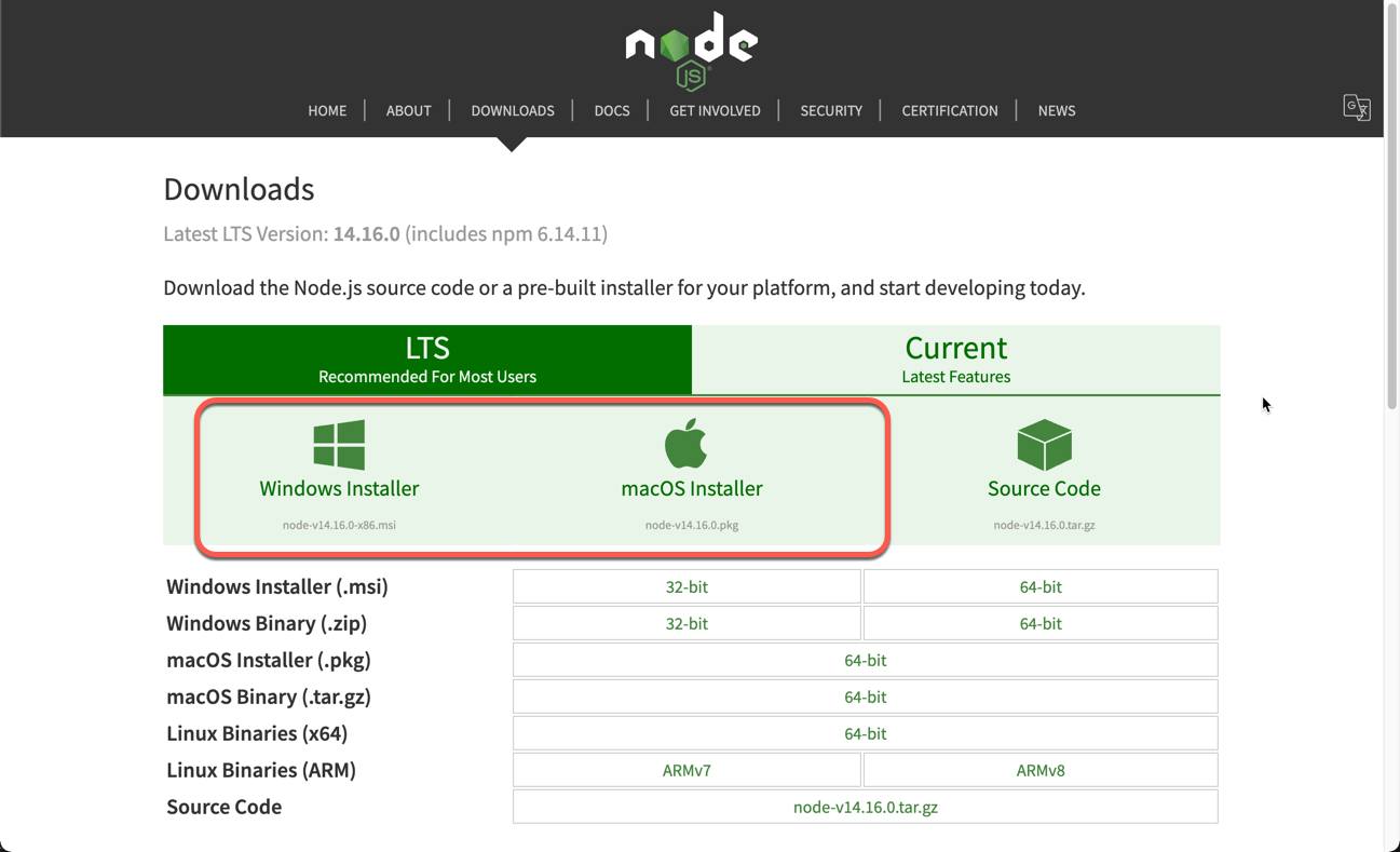 The Node.js downloads page The Node.js downloads page