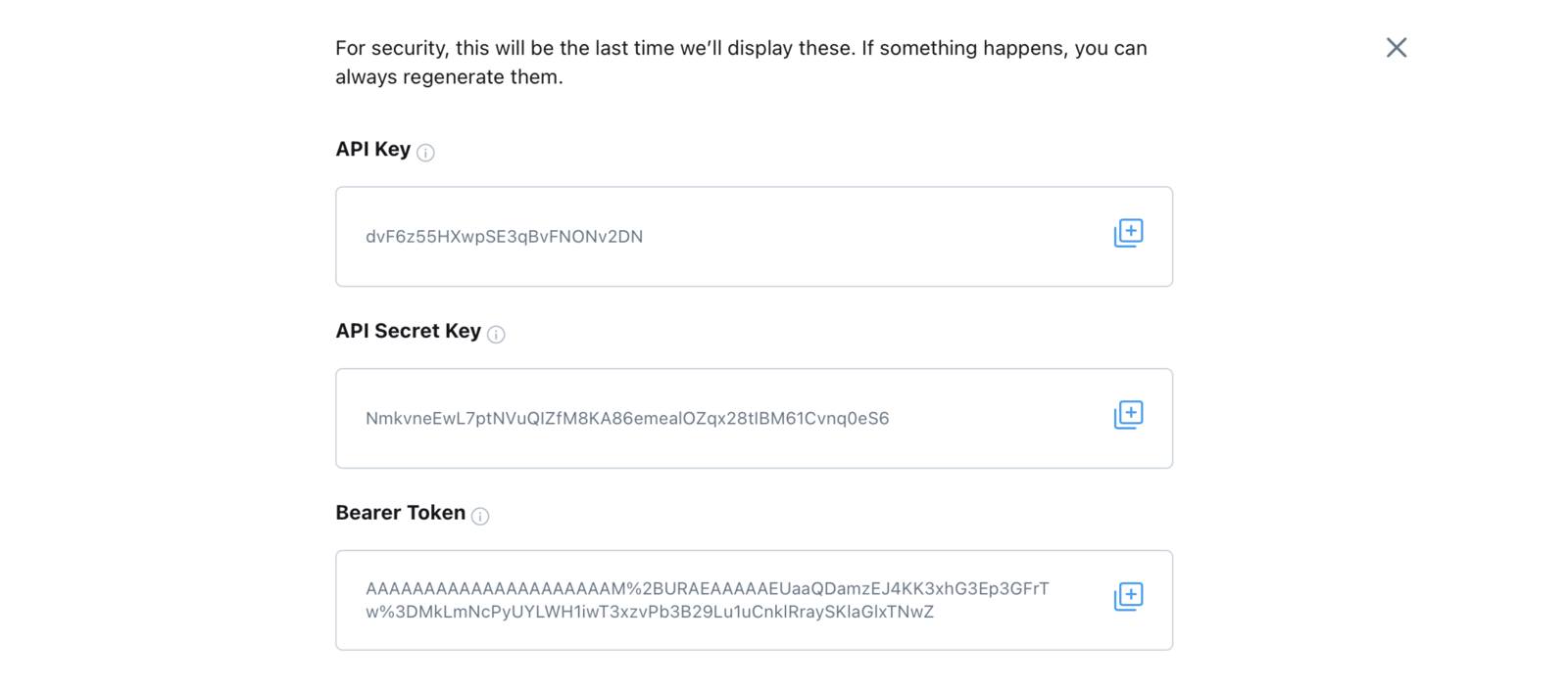 Twitter developer portal: API Key, API Secret Key, and Bearer Token dialog for new project and app Twitter developer portal: API Key, API Secret Key, and Bearer Token dialog for new project and app