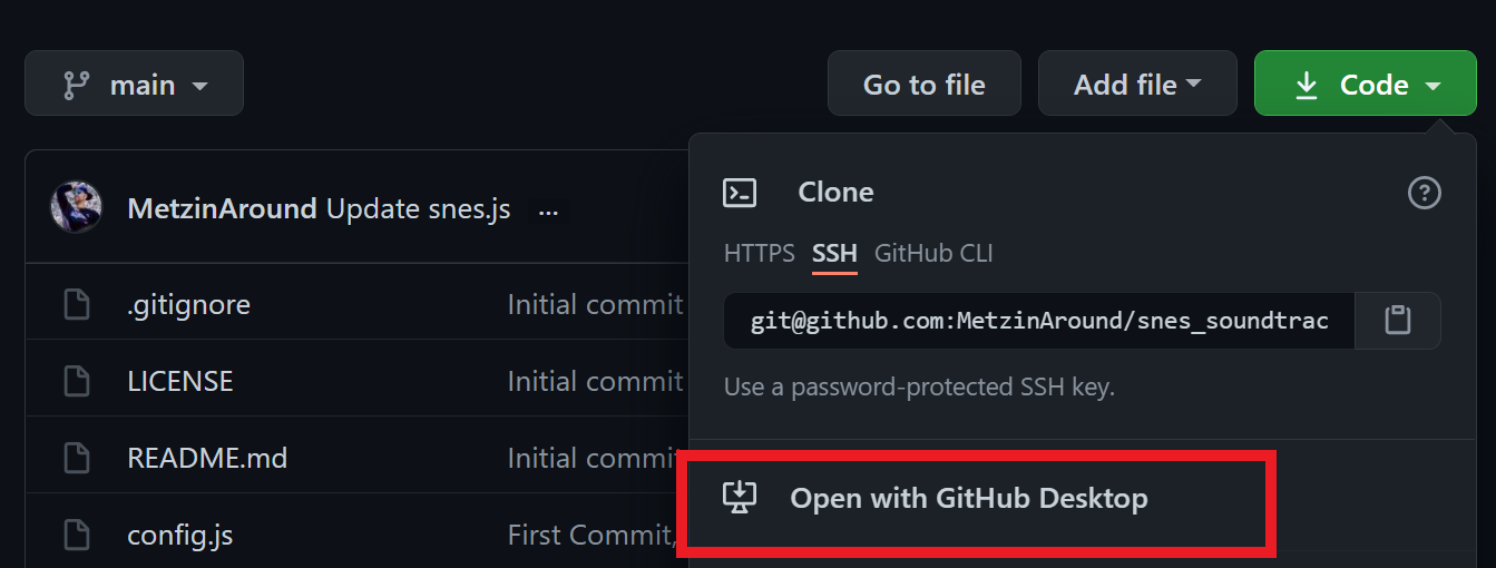Github.com repository showing the green Code button clicked with Open in Github Desktop option highlighted Github.com repository showing the green Code button clicked with Open in Github Desktop option highlighted