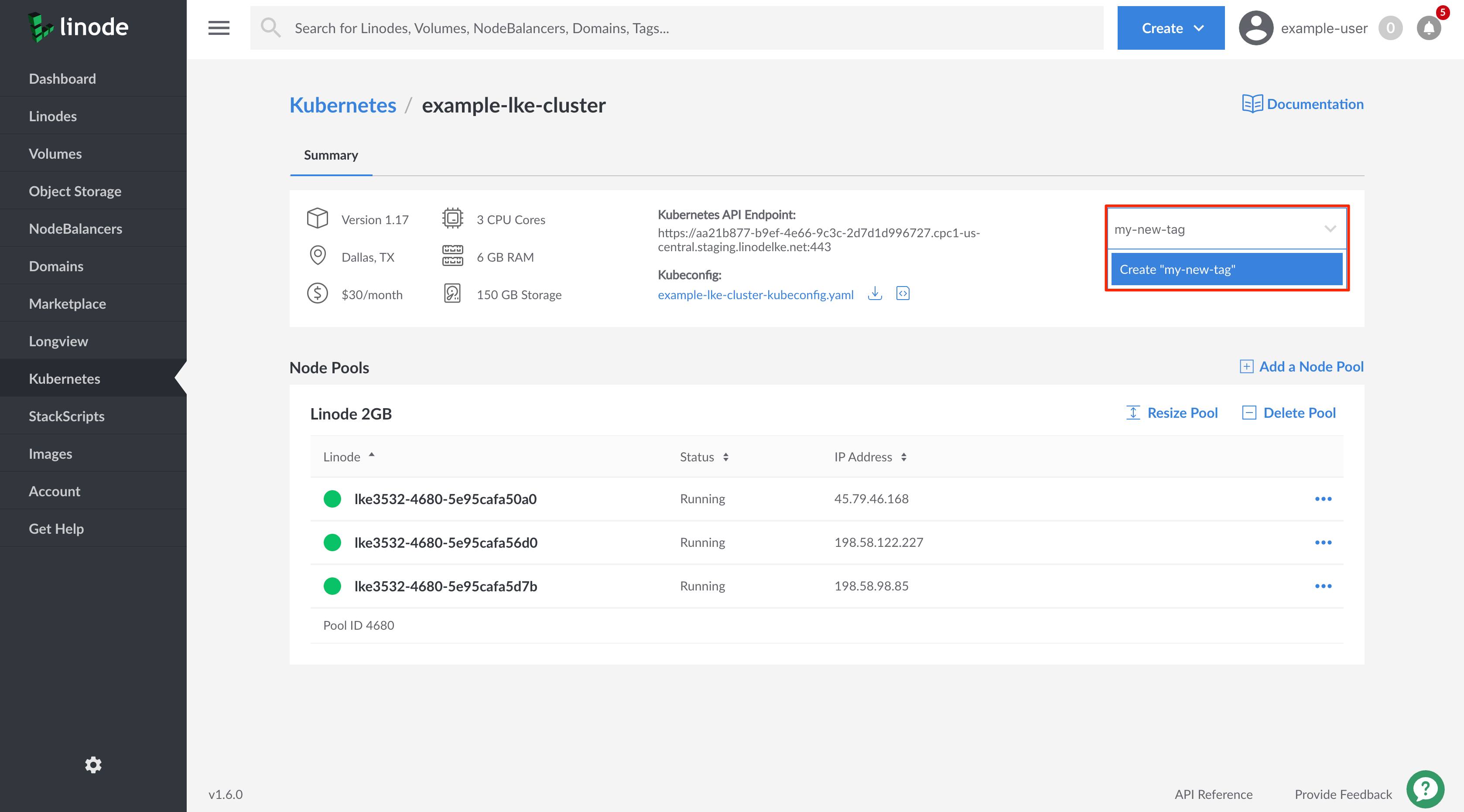 Create a new tag and add it to your LKE cluster Create a new tag and add it to your LKE cluster