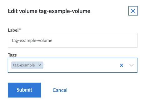 Select the tag you would like to use from the 'Tags' dropdown menu, or type to create a new tag Tags field in the Edit volume form