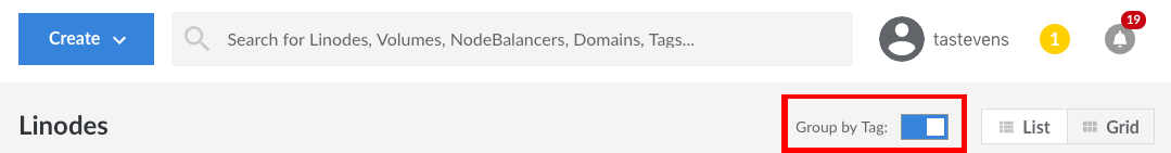To group Linodes by tag, toggle the 'Group by Tag' box at the top of the Linodes page Cloud Manager Group by Tag switch