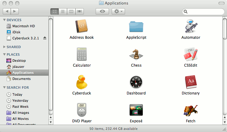 Cyberduck in the Applications folder on Mac OS X. Cyberduck in the Applications folder on Mac OS X.