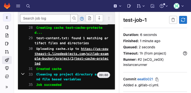 Output from a GitLab CI/CD job after caching a file on S3 Output from a GitLab CI/CD job after caching a file on S3