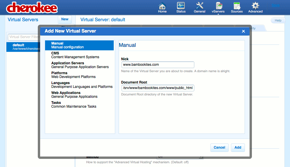 Adding a new virtual server on the vServers page of the Cherokee admin panel on Fedora 13. Adding a new virtual server on the vServers page of the Cherokee admin panel on Fedora 13.