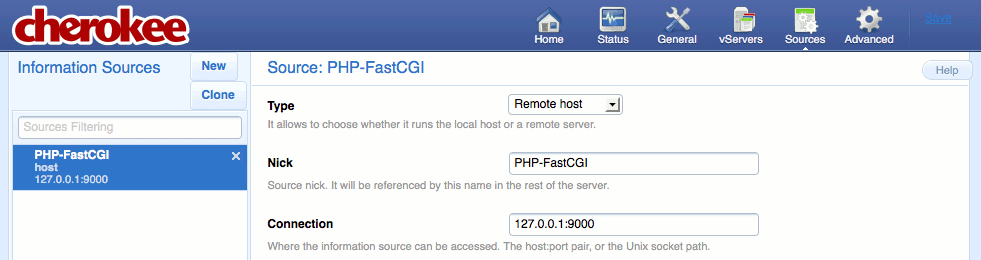 A newly created information source on the “Sources” page of the Cherokee admin panel on Fedora 13. A newly created information source on the “Sources” page of the Cherokee admin panel on Fedora 13.