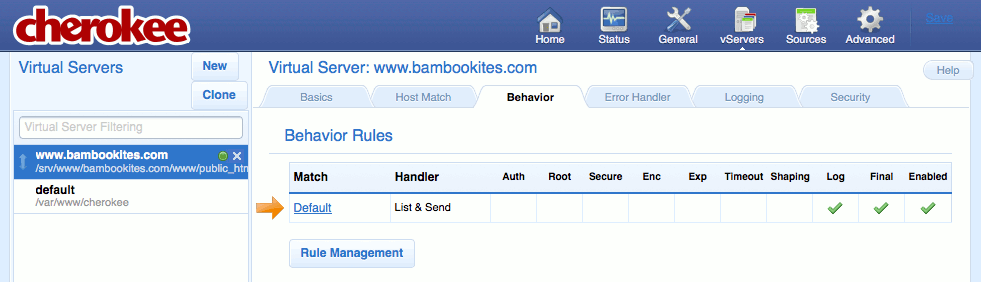 The “Behavior” tab on the “vServers” page of the Cherokee admin panel on Fedora 13. The “Behavior” tab on the “vServers” page of the Cherokee admin panel on Fedora 13.