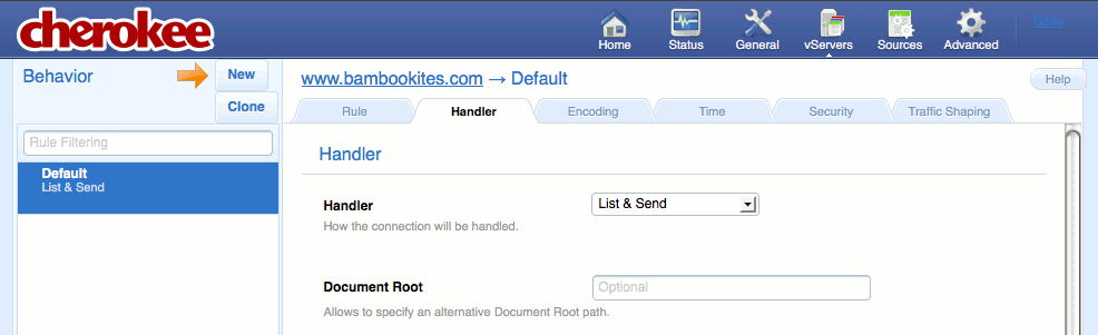 The “Handler” tab on the “vServers” page of the Cherokee admin panel on Fedora 13. The “Handler” tab on the “vServers” page of the Cherokee admin panel on Fedora 13.