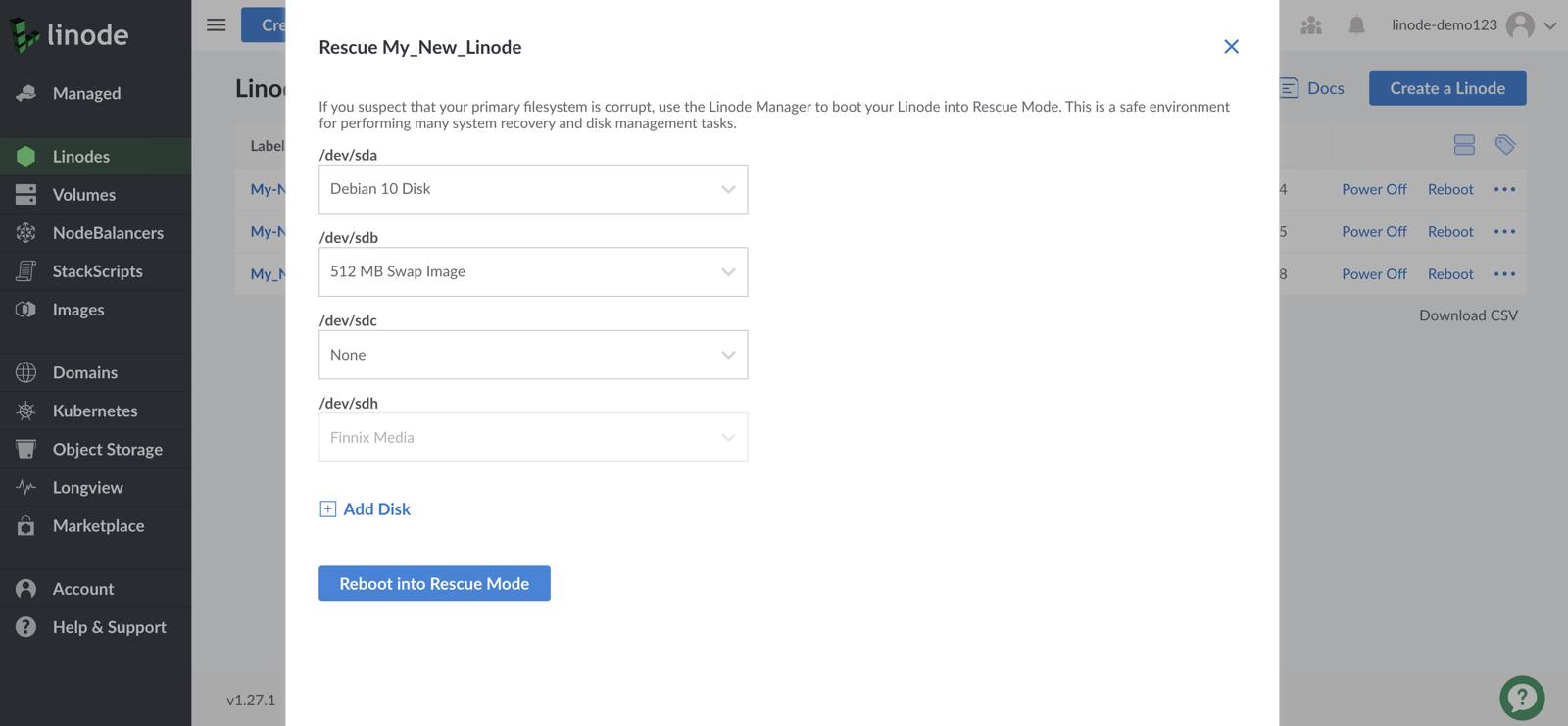 Cloud Manager Rescue form - /dev/sda highlighted Cloud Manager Rescue form - /dev/sda highlighted