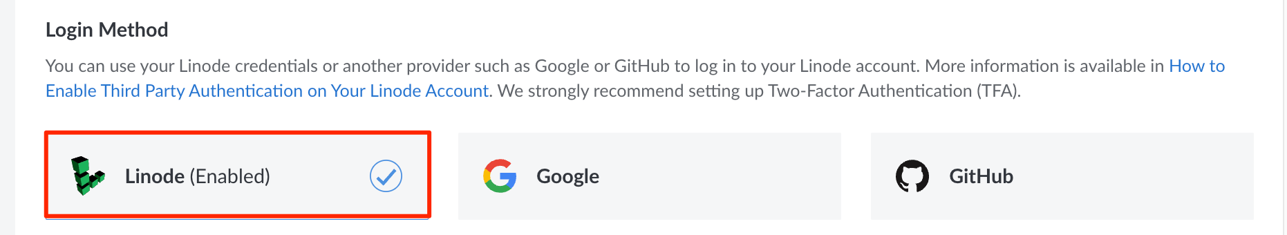 Screenshot of the Login Method section Screenshot of the Login Method section